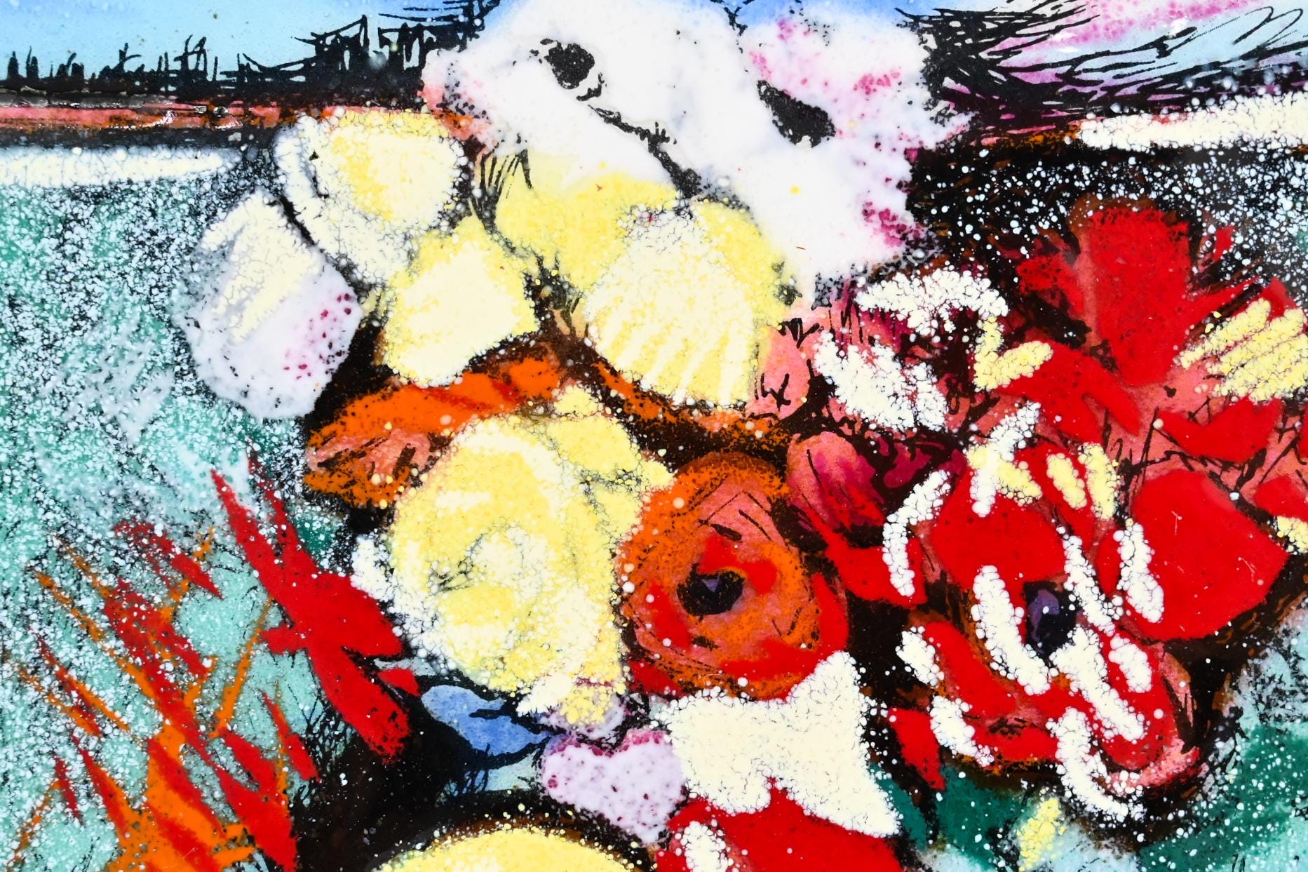 ラヤ・ソーキン フランスヴィンテージ静物画 エナメル七宝飾り額