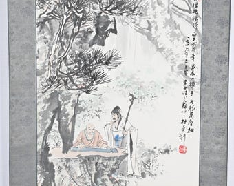 Antique Japanese Hanging Scroll Painting Of Scholars On Paper Kakejiku