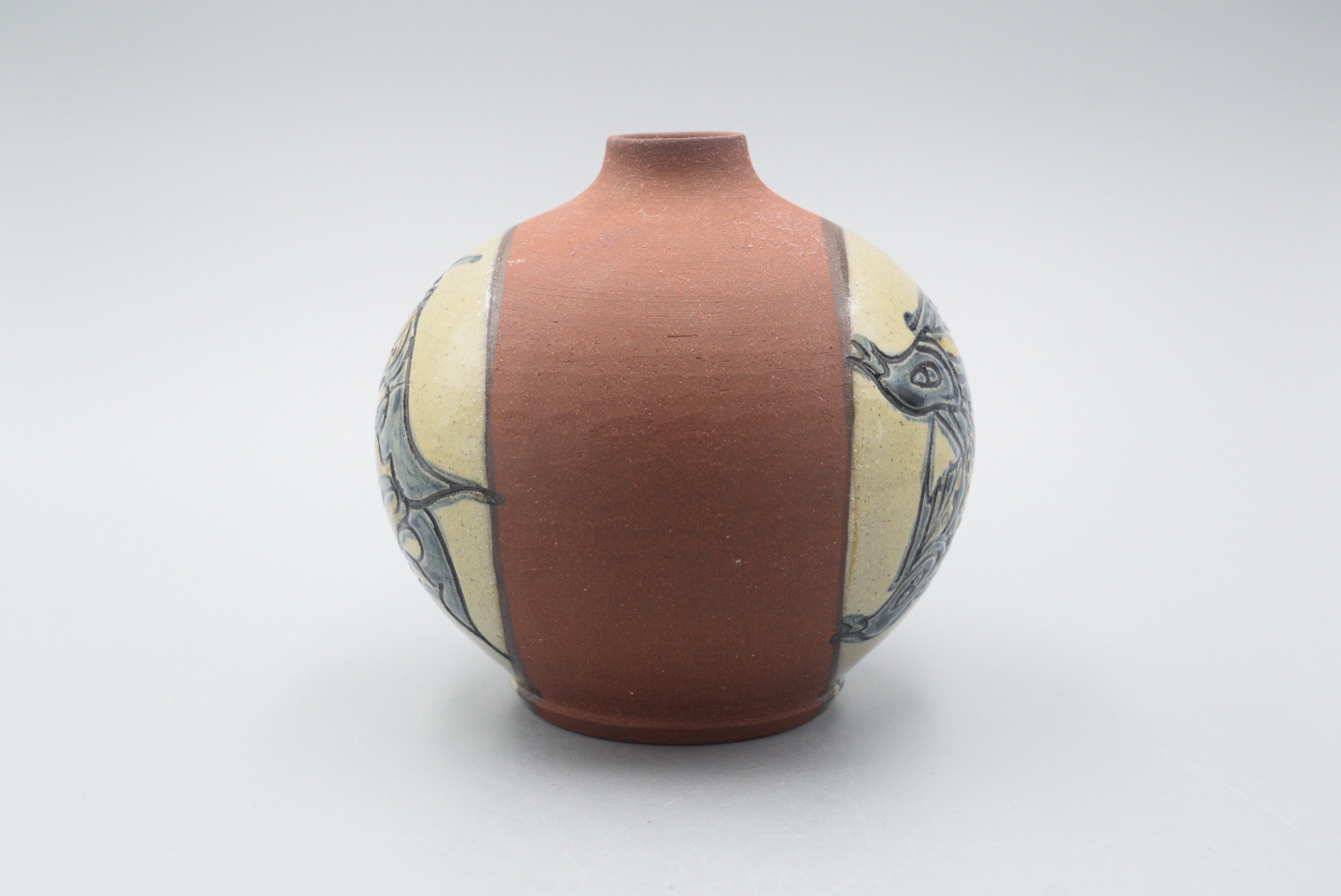 Fine Vintage Japanese Pottery Okinawan Style Twin Fish Globular