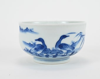 Vintage Japanese Blue And White Porcelain Arita Hand drawn Duck Bowl