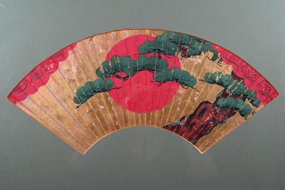 【希少】 日本画　掛軸　扇　扇子　松　太陽 太陽と木を描いた日本のアンティーク扇子画（額入り） - Etsy 日本