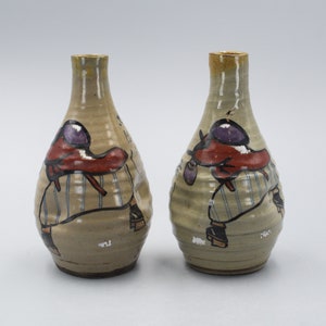 Pair Of Antique Japanese Pottery Hand Painted Tokkuri Sake Bottle