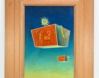 Vintage Surrealist Oil Painting, Framed Naked Couple Art