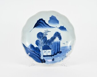 Antique Japanese Edo Period Blue And White Porcelain Sometsuke Imari Landscape Plate