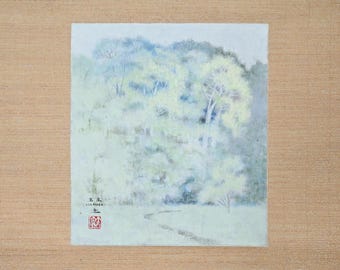 ヴィンテージ 日本の掛け軸 風景画 湖畔 山水画 墨絵 掛軸 風景画