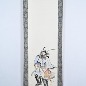 Antique Japanese Hanging Scroll Painting Of Warrior On Paper Kakejiku