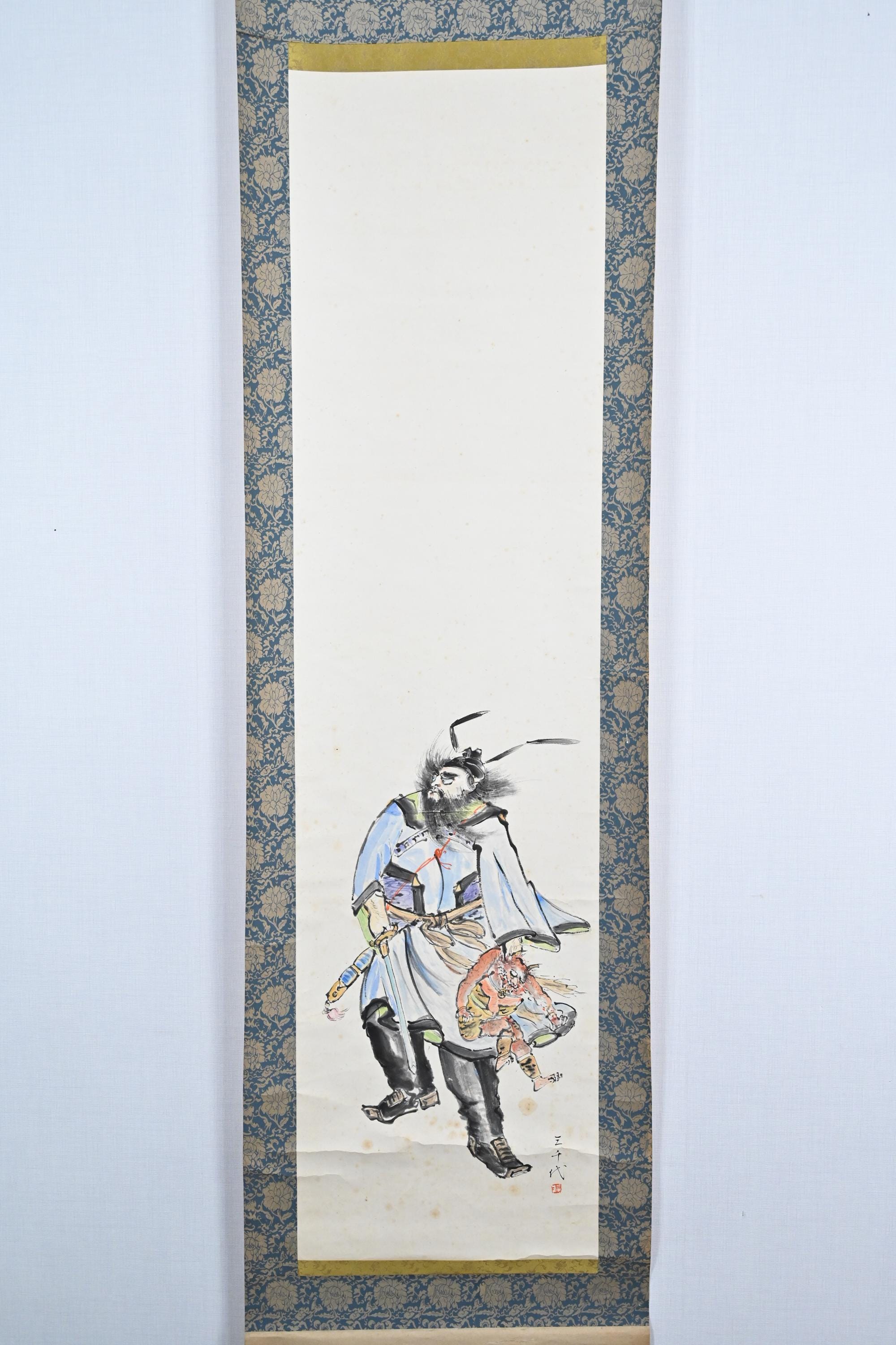 Antique Japanese Hanging Scroll Painting of Warrior on Paper