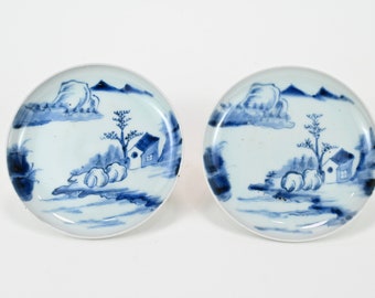 Pair Of Antique Japanese Blue And White Porcelain Sometsuke Landscape Dish