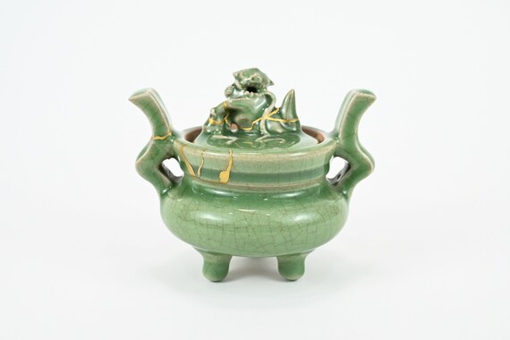 在庫処分 激安 青緑色 陶器 花瓶 獅子持ち手 工芸品