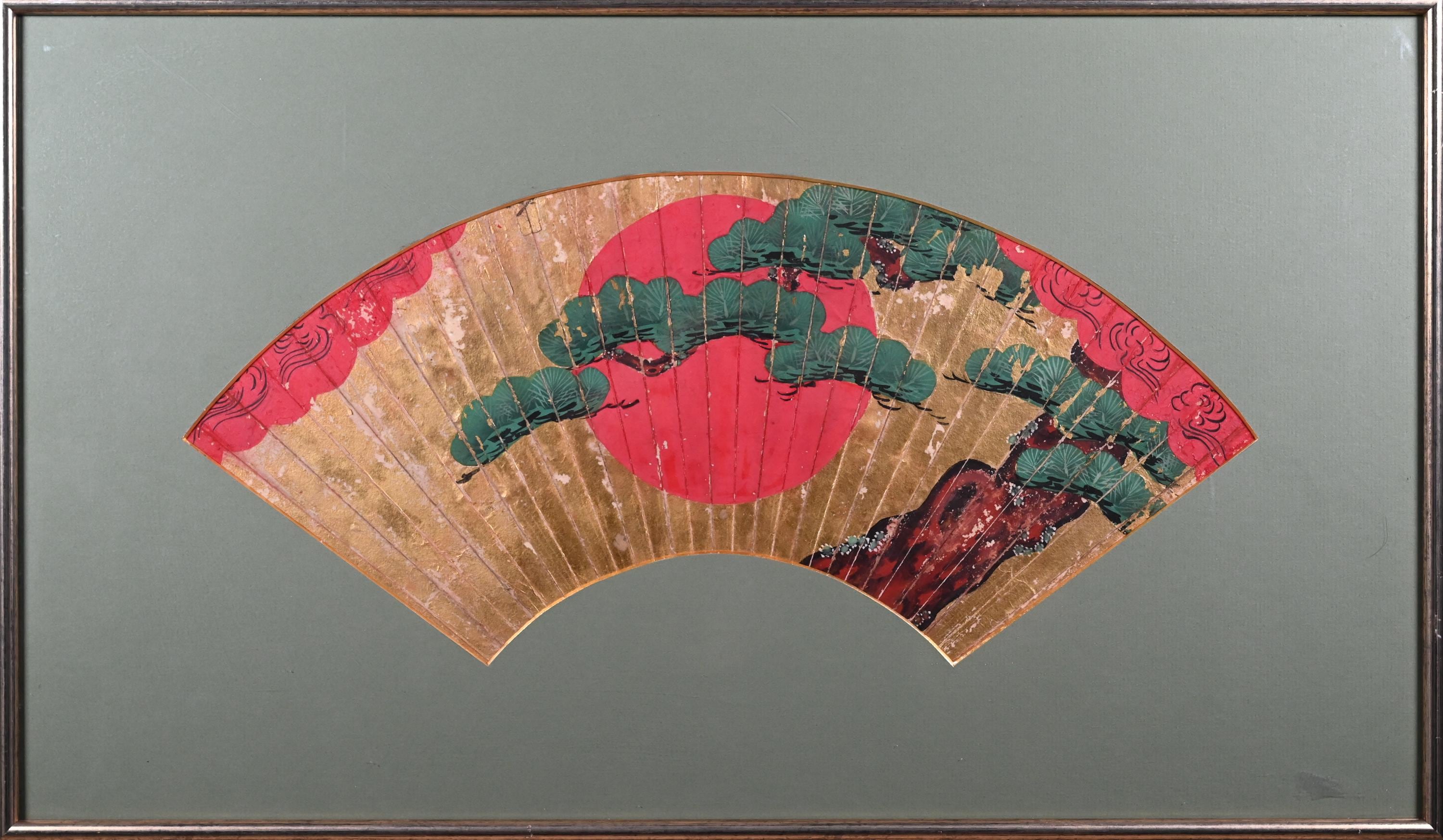 太陽と木を描いた日本のアンティーク扇子画（額入り） - Etsy 日本