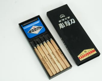 Juego de 6 cinceles japoneses Kikuichi sin usar para tallar madera. Herramientas de tallado en madera de los años 80-90.