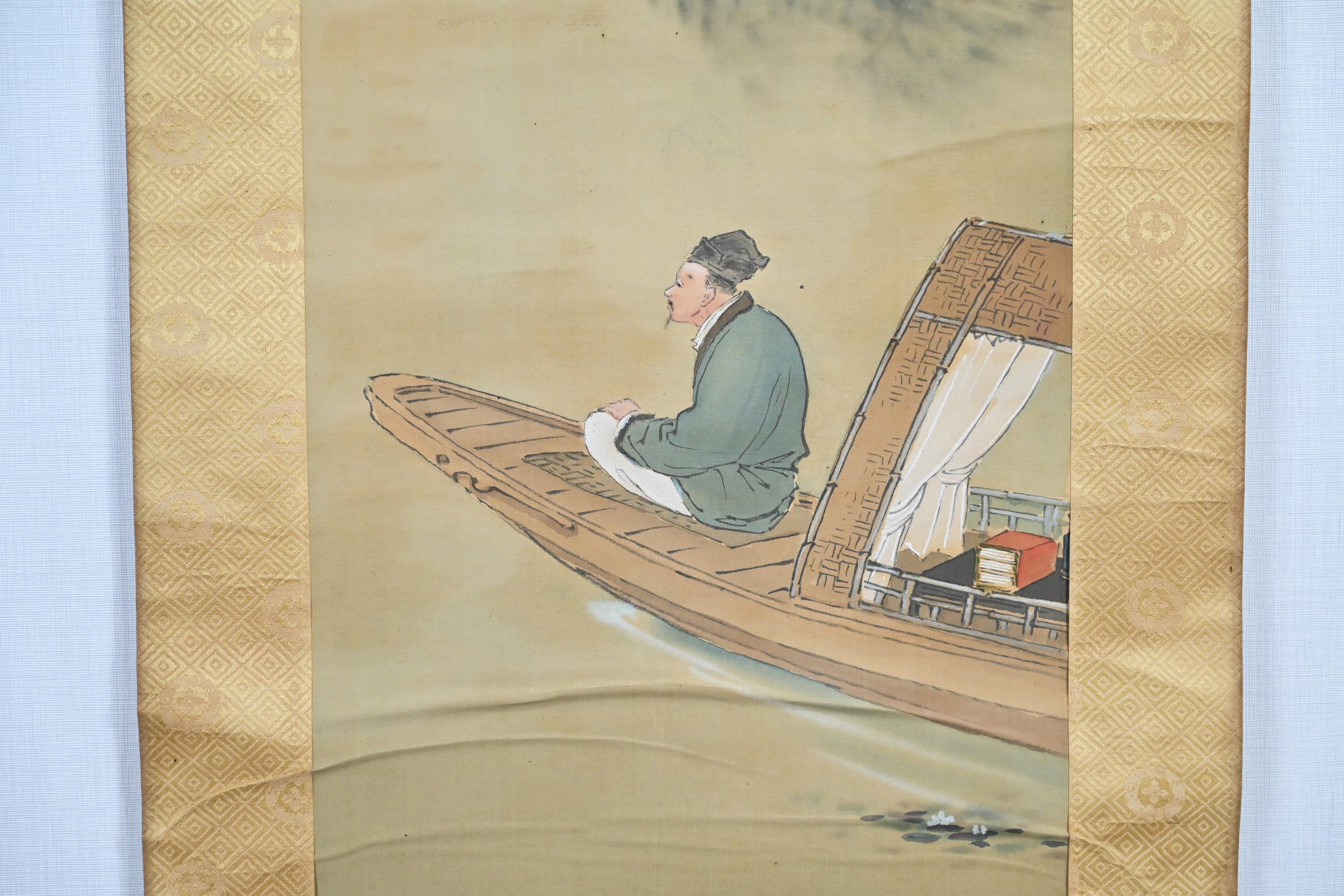 掛け軸/船/人物 絹の掛け軸に描かれた船を持つ男のアンティークな日本の掛け軸 - Etsy 日本