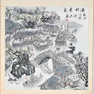 Vintage Chinese Hanging Scroll Painting Of Landscape On Paper Kakejiku
