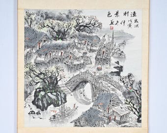 アンティークの日本の掛け軸、風景画、滝、山の絵、日本の掛け軸、水墨