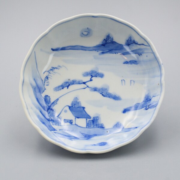 Antieke Japanse Edo Periode Blauw en Wit Porselein Sometsuke Imari Landschapsschotel