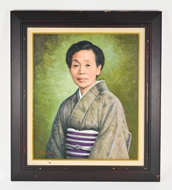 着物を着た高齢女性の美しい日本の油絵肖像画、アーティストのサイン