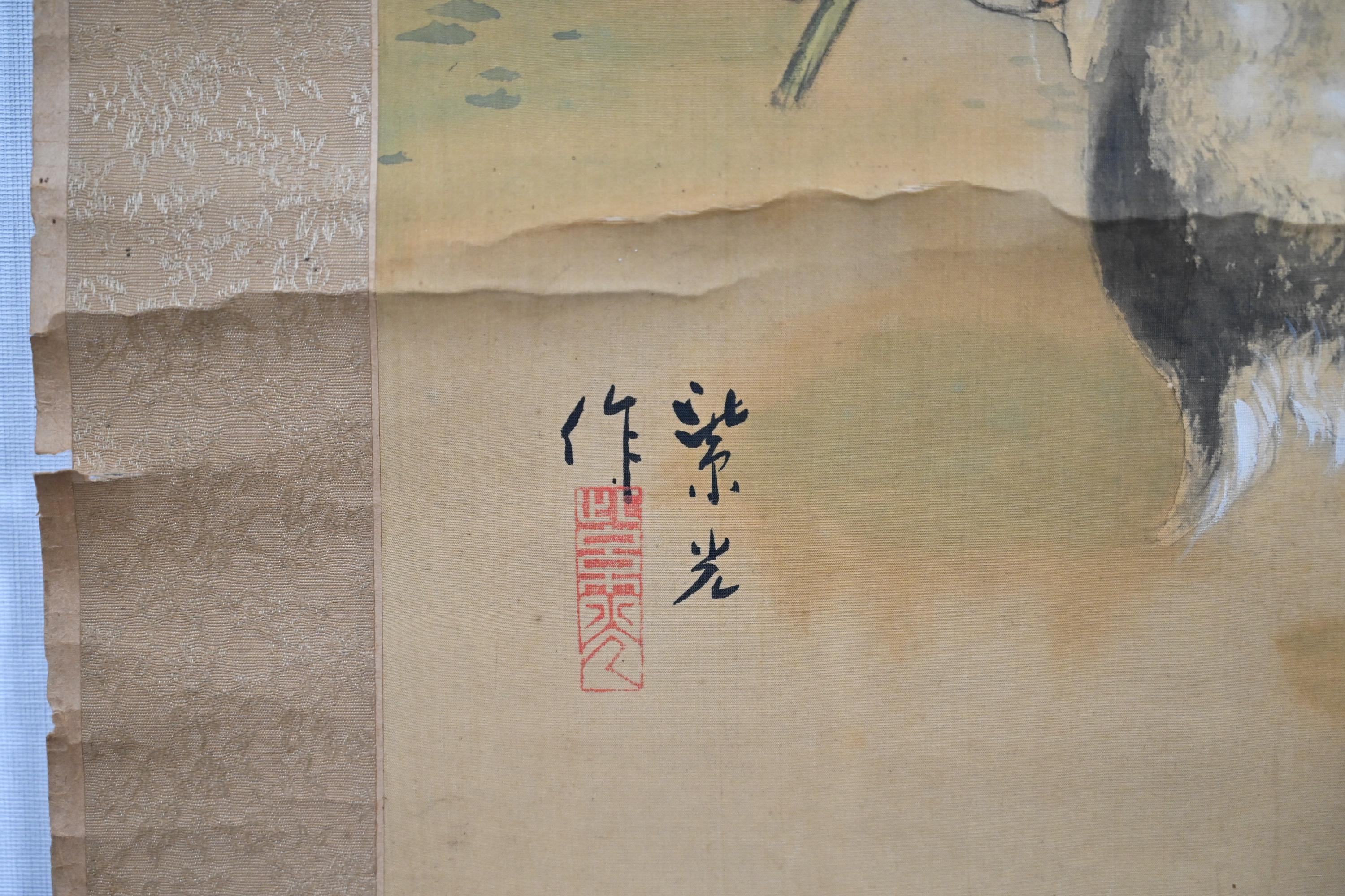 絹の掛軸に描かれた鹿と寿老人の縁起の良い日本のアンティークの掛け軸