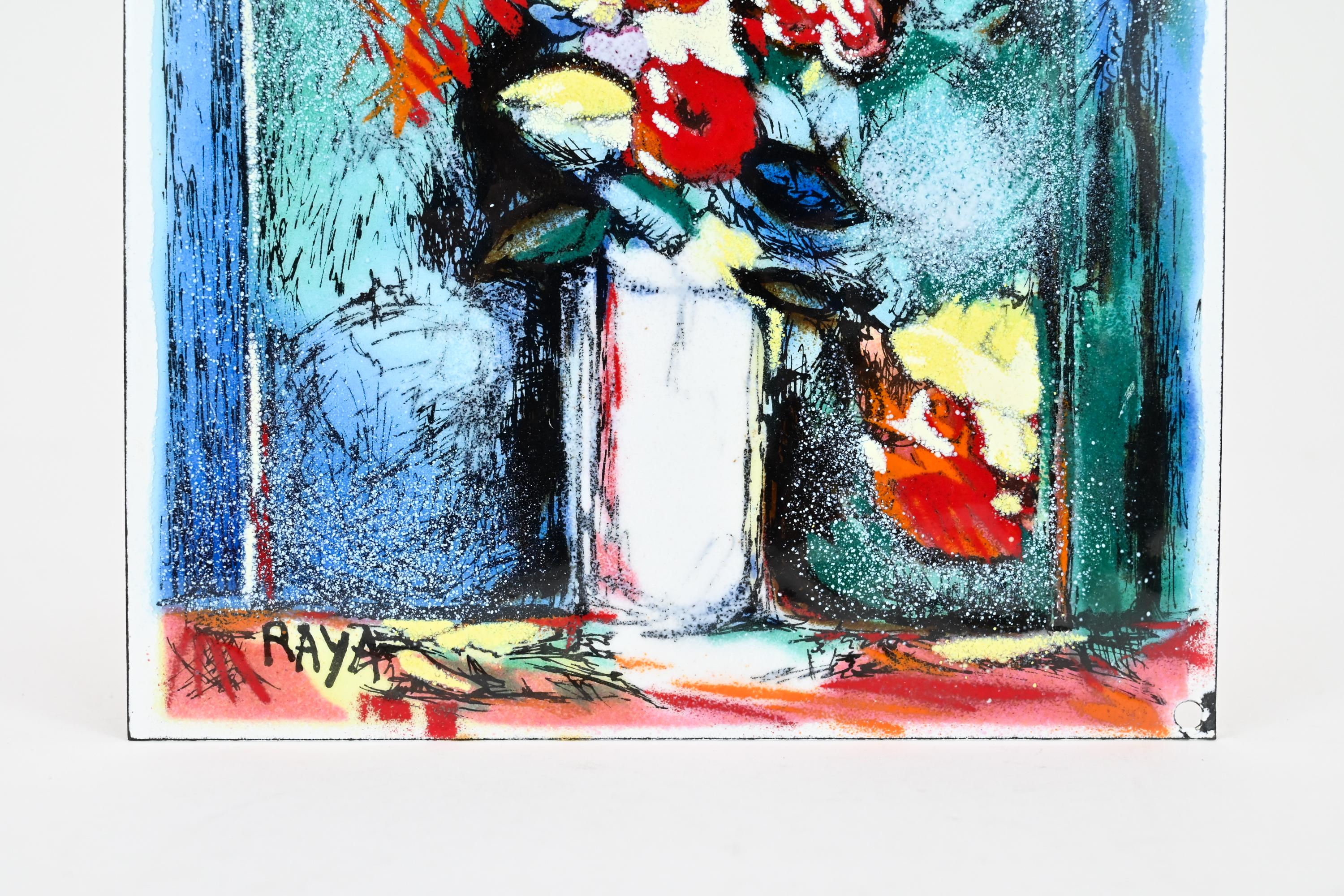 ラヤ・ソーキン フランスヴィンテージ静物画 エナメル七宝飾り額