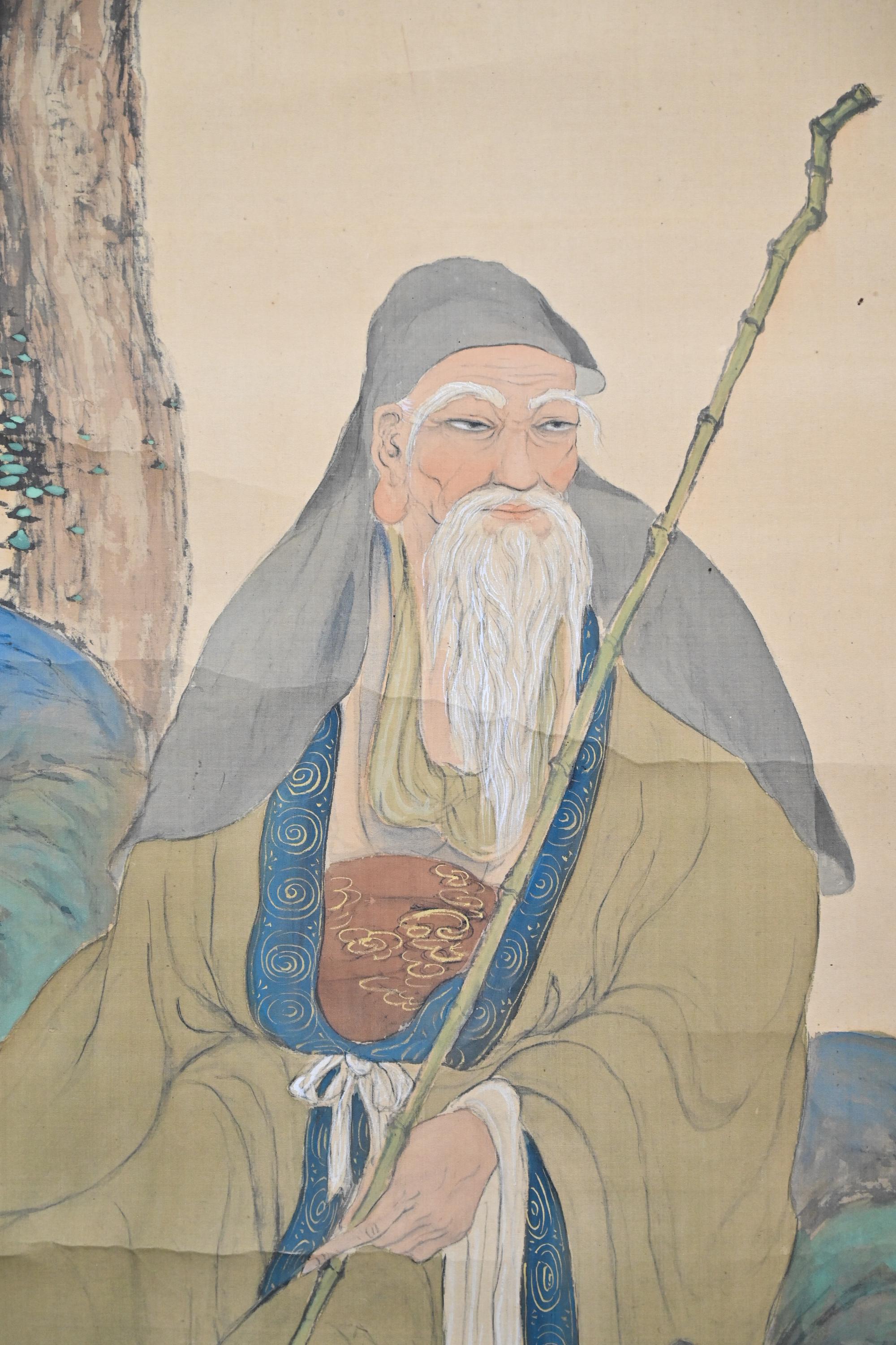 絹の掛軸に描かれた鹿と寿老人の縁起の良い日本のアンティークの掛け軸