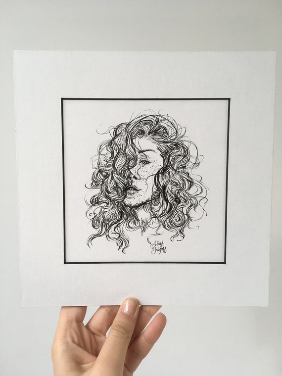 Original Black White Ink Sketch Portrait Of A Woman Wild Fiery Hair Windswept Messy Hair Abstract Art Minimalist Portrait