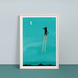 Cat Ladder to Moon Art Print – Hand Illustrated Archival Fine – Cat Lover Gift