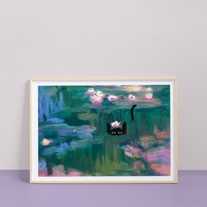 Clawed Monet Waterlily Art Print – Hand Illustrated Fine Art – Gift for Cat Lovers