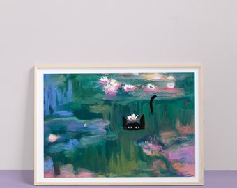 Clawed Monet Waterlily Art Print – Hand Illustrated Fine Art – Gift for Cat Lovers