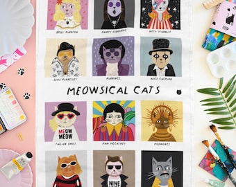 Meowsical Cats Tea Towel – 12 Famous Musician Cat Parodies