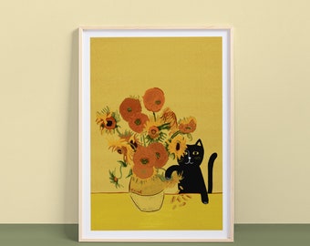 Lámina artística de gato con girasoles – Inspirada en Vincat Van Gogh – Impresión de archivo – Regalo para amantes de los gatos