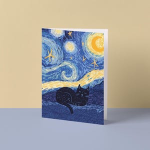 May include: Folded greeting card with a design of a black cat under a swirling night sky in the style of Van Gogh. The card's artwork uses blue, yellow, and white hues. The interior is white.