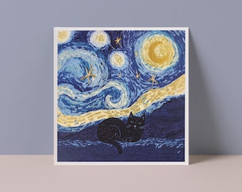 Starry Night Cat Art Pun Card | Cat Illustration | Blank Card