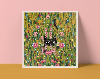 Klimt Flower Garden Cat Card | Cat Illustration | Blank Card