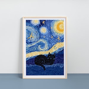 May include: A framed art print depicting a black cat against a swirling night sky, rendered in blue, yellow, and white. The style evokes a famous painting. The cat is illustrated in a simple, cartoonish manner, adding a touch of whimsy.