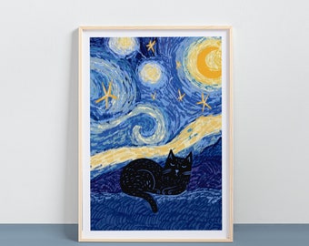 May include: Framed art print featuring a black cat resting beneath a swirling night sky. The artwork is rendered in shades of blue, yellow, and white, reminiscent of a famous painting. The cat is depicted in a simple, cartoonish style.