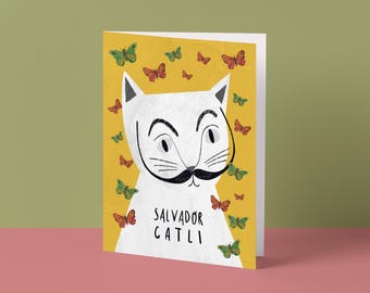 Tarjeta con retrato de gato de Salvador Catli / Tarjeta de felicitación con arte de gato inspirado en Dalí / Parodia de gato de artista famoso / Regalo para amantes del arte