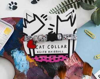 Collar para gatos con bolas de pelo de gatito / Collar inspirado en Keith Haring / Collar para gatos con cierre de seguridad / Collar ajustable para gatitos / Regalo para amantes de los gatos