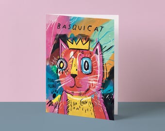 Tarjeta de gato BasquiCAT / Tarjeta de felicitación con rasgos de gato inspirados en Basquiat / Tarjeta divertida de gato para amantes del arte / Tarjeta en blanco