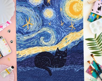 Starry Night Cat Tea Towel 