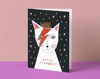 Kitty Stardust Cat Musician Card | David Bowie Inspired Artist Cat Greeting Card | Whimsical Hand-Painted Cat Illustration | Blank Card