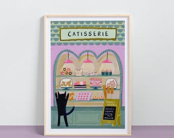 Catisserie Cat Print  – Hand Illustrated  – Archival Fine Art Print – Gift for Cat Lovers