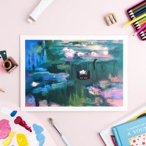 Clawed Monet Waterlily Cat Art Print