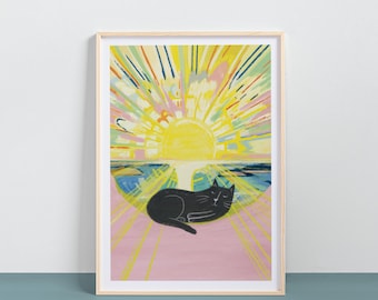 Cat Sunrise Print  – Hand Illustrated  – Archival Fine Art Print – Gift for Cat Lovers