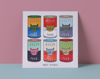 Tarjeta de gato de Andy Purhol / Tarjeta de felicitación de gato estilo pop art inspirada en Warhol / Ilustración caprichosa de gato pintada a mano / Tarjeta cuadrada en blanco