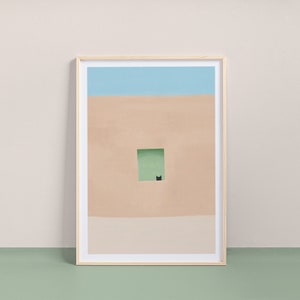 Pared con puerta verde y estampado de gato - Georgia O'Kitty – Ilustración a mano – Impresión artística de archivo – Regalo para amantes de los gatos