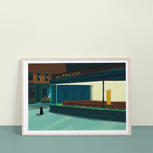 Edward Hoppurr night cats Print  – Hand Illustrated  – Archival Fine Art Print – Gift for Cat Lovers