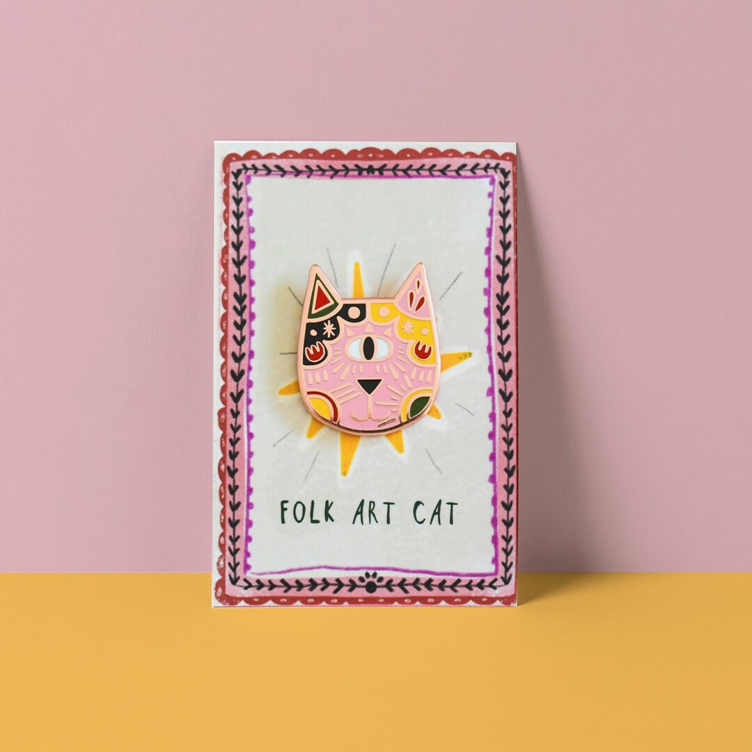 Pin Cat Rtist Folk Cat Enamel Pin | Folk Art Cat Artist Pin Badge | Cute Cat Lapel ...