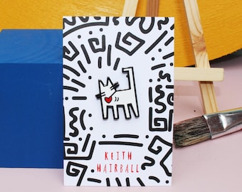 Kitty Hairball Cat Enamel Pin | Keith Haring Inspired Cat Artist Pin Badge | Funny Art Parody Cat Lapel Pin | Art Lover Gift