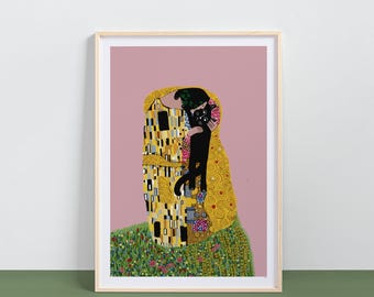 Cat Kiss Art Print – Klimt Inspired Feline Illustration, Archival Fine, Cat Lover Gift