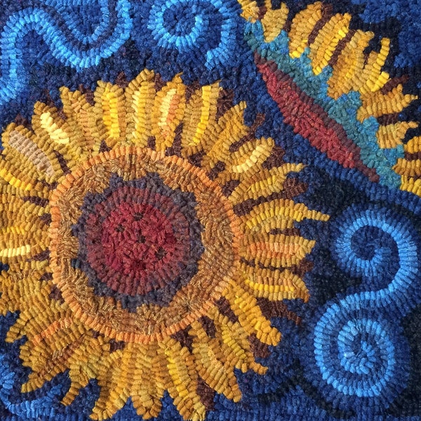 Primitive sunflower design, on Linen or Monkscloth. Floral for pillow or wall hanging. Folk art flowers. Rug Hooking Pattern