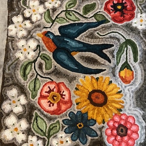 Rug hooking pattern ,Barn swallow, vintage Floral, sunflower,swallow, rug hooking,primitive,bird,wool, hooked rugs, rug Hooking Pattern